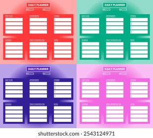 Las mejores Plantillas de página de Daily Planner con 4 variaciones de color, diario diario diario o lista de agenda de negocios, organizador imprimible en Vector