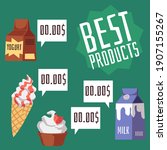 Best dairy products advertising poster with assortiment of milk and creamery food, flat vector illustration on green background. Dairy manufacturing promotion.