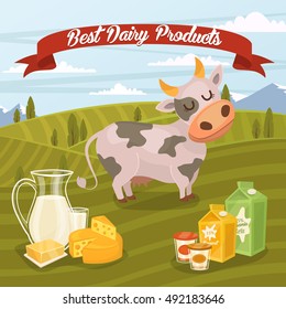 Best dairy products banner with dairy composition on background of green rural landscape with funny cow, vector illustration. Organic farm food concept. Locally grown and natural milk products