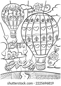 Best day ever. Balloons and sky. Hand drawn with inspiration word. Doodles art for Valentine's day or greeting card. Coloring book for adults and kids.