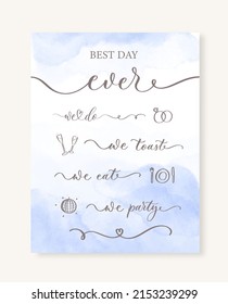 Best day ever. Wedding Timeline menu on wedding day with blue watercolor stain
