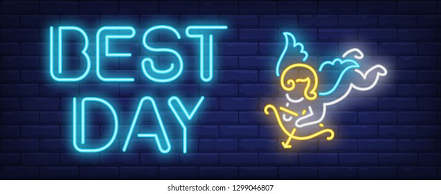Best day neon text and cupid with bow. Saint Valentines Day design. Night bright neon sign, colorful billboard, light banner. Vector illustration in neon style.