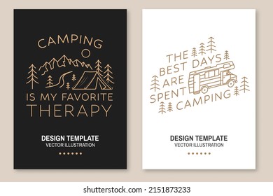 The best days are spent camping. Vector illustration. Concept for shirt, logo, print, stamp or tee. Line art flyer, brochure, banner, poster design with camping trailer and forest.