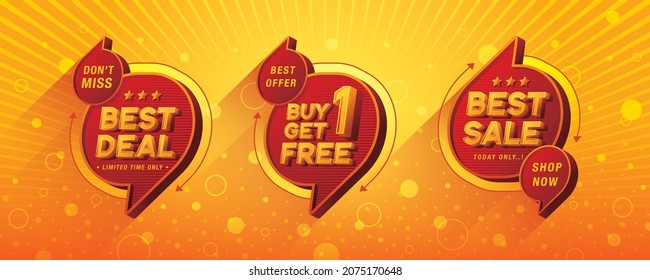 Best Deal, Buy 1 get 1 free, Best Sale tag and discount label sign, Abstract Red Speech Bubble offer Sale Discount labels set design, Discount tags collection, sale promotion. Price off tag