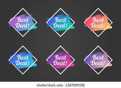 best deal color promo phrase. best deal stock vector illustrations with painted gradient brush strokes over rhombus frames for advertising labels, stickers, banners, leaflets, badges, tags, posters