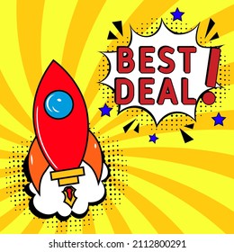 Mejor trato. Explosión de historietas con texto - Mejor trato. Ilustración de dibujos animados brillantes en estilo retro de arte pop. Se puede usar para negocios, marketing y publicidad.  Cómic de arte pop de volante 