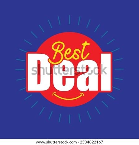 Best deal logo, sticker, label, tag discount banner for sales marketing strategy. Best deal typography with round red circle on blue background. Big offer logotype vector illustration.