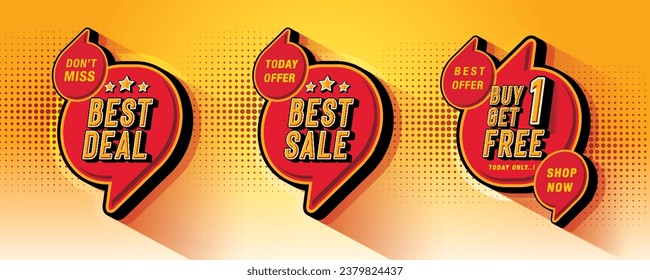 Best Deal, Best Sale, Buy 1 get 1 free tag and discount label sign, Abstract Red Speech Bubble offer Sale Discount labels design. Condensed Font, Discount tags collection, Price off tag promotion.