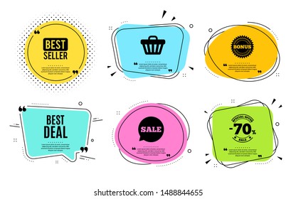 Best deal. Best seller, quote text. Special offer Sale sign. Advertising Discounts symbol. Quotation bubble. Banner badge, texting quote boxes. Best deal text. Coupon offer. Vector