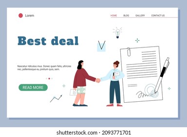 Best deal website banner template with business people shaking hands. Business agreement and successful transaction webpage mockup, flat cartoon vector illustration.