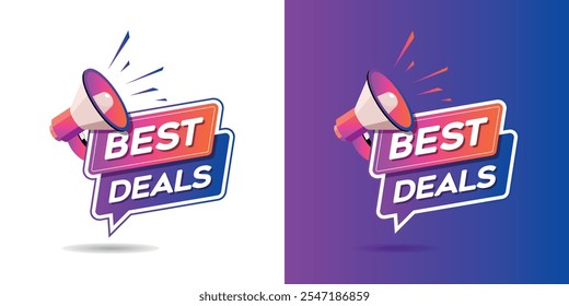 Best Deals Logo design with megaphone. The loudspeaker screams best deals offer. Best offer, limited sale offer. Mnemonic, poster, banner, graphic design template, unit vector, post, digital ad, icon