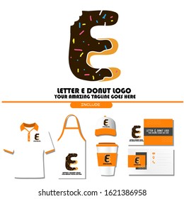 The Best and Delicious Letter E Donuts Shop Logo for Cafe and Bakery. Bitten Chocolate Donut with Initial Lettering Logotype Vector Illustration on White Background 
