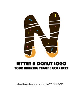 The Best and Delicious Letter N Donuts Shop Logo for Cafe and Bakery. Bitten Chocolate Donut with Initial Lettering Logotype Vector Illustration on White Background