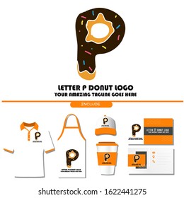 The Best and Delicious Letter P Donuts Shop Logo for Cafe and Bakery. Bitten Chocolate Donut with Initial Lettering Logotype Vector Illustration on White Background with Brand Identity 