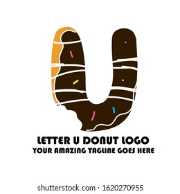 The Best and Delicious Letter U Donuts Shop Logo for Cafe and Bakery. Bitten Chocolate Donut with Initial Lettering Logotype Vector Illustration on White Background