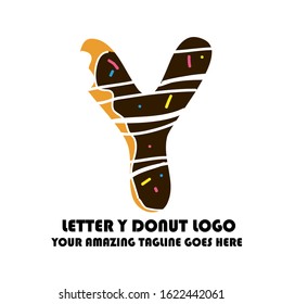 The Best and Delicious Letter Y Donuts Shop Logo for Cafe and Bakery. Bitten Chocolate Donut with Initial Lettering Logotype Vector Illustration on White Background