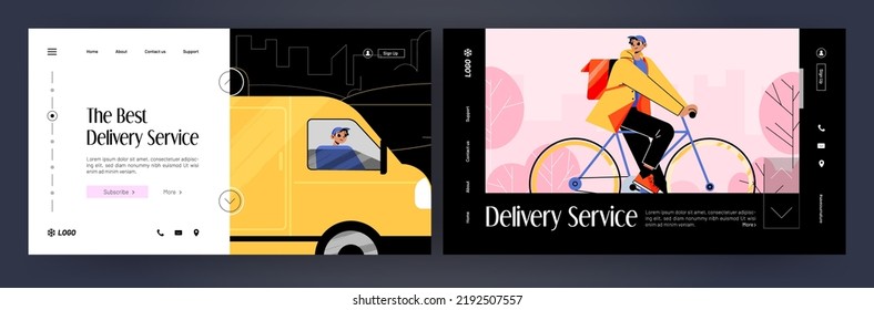 The best delivery service cartoon landing pages. Postman or courier on bicycle and car deliver goods to customers. Express shipping, mail order transportation to client Line art flat vector web