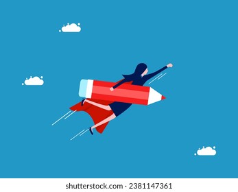 Best developer. Businesswoman hero holds a pencil and flies in the sky