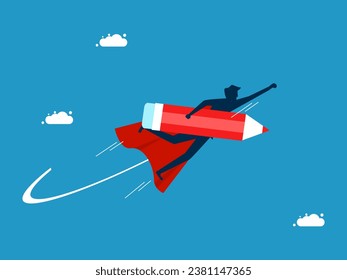 Best developer. man hero holds a pencil and flies in the sky