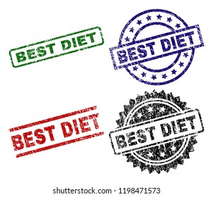 BEST DIET seal prints with damaged texture. Black, green,red,blue vector rubber prints of BEST DIET caption with dust texture. Rubber seals with circle, rectangle, medal shapes.