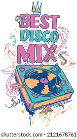 Best disco mix - drawn turntable with  grunged graffiti arrows, colorful music design