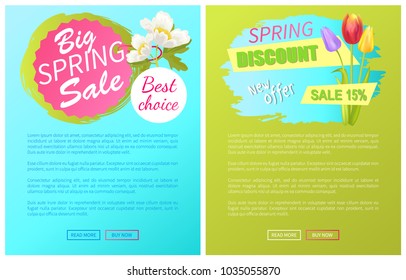 Best discount 15% off advertisement sticker colorful bouquet with tulips and anemone or apple blossoms color vector spring collection sale web posters