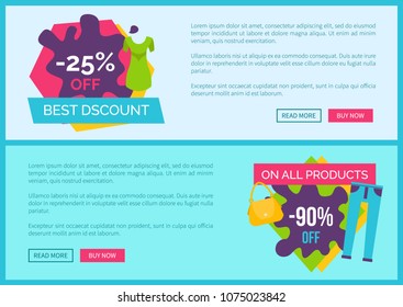 Best discount 25 % off, on all products total final price 90% off sale set of posters summer mode apparels dresses and trousers stickers advert labels