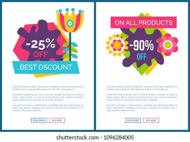 Best discount 25%, total sale 90% promo sticker with cartoon style flower, geometric shapes spring price off label template vector online posters set