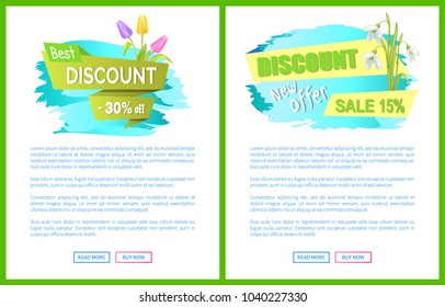 Best discount 30% off advertisement sticker bouquet with tulips and snowdrop on web page with push buttons read and buy vector spring collection sale