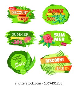 Best discount 30% off summer big sale best choice offer 15 20% off set advertisement labels exotic palm tree leaves and flowers collection of stickers