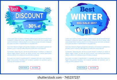 Best discount -30% off winter 2017 sale label with snowballs and snowflakes on abstract blue background isolated on white seasonal vector posters set