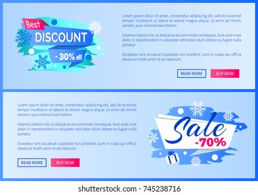 Best discount -30% off winter 2017 final sale 70% label with snowballs and snowflakes on abstract blue background seasonal vector web posters set
