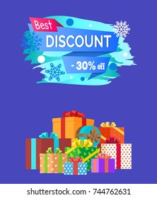 Best discount  30 percent advert text written on promo label with snowflakes on backdrop, pile of presents decorative wrapping paper isolated on blue vector