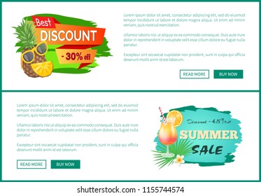 Best discount 30 percent off promo poster with cute pineapple in sunglasses and discount 45 off advert label with tropical cocktail vector web pages