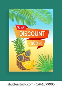 Best discount 30 percent off promo poster with cute pineapple in sunglasses and smile under palm trees on sunny tropical beach vector advertisement