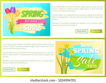 Best discount 50 off advertisement sticker bouquet with tulips and daffodil narcissus bulbous on web page with push buttons read and buy vector spring collection sale