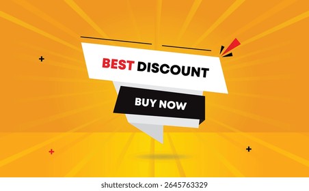 Best discount buy now editable web banner vector art illustration template icon badge label design with white black shapes orange yellow sunshine abstract modern business background style