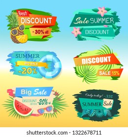 Best discount labels with pineapple, summer sale stickers 20, 30 percent off. Pineapple and watermelon, lifebuoy and sunglasses, palm tree leaves vector tags