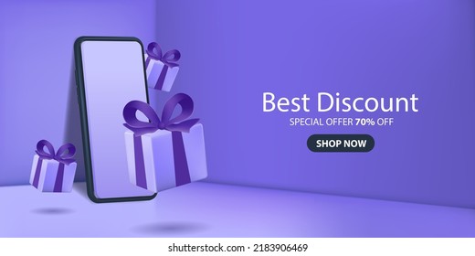 Mejor diseño de banner de venta de descuento en 3d ilustración sobre fondo morado, venta de smartphone en podio con elementos de diseño de regalo