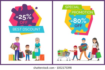 Best discount special promotion posters with families, little kid dressed in red t-shirt pulling cart with bags vector illustration isolated on white