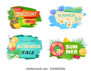 Best discount summer offer banners vector. Cocktail with straw and orange, palm tree leaves and pineapple wearing sunglasses, summertime stikers. Flowers floral elements