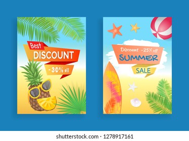 Best discount summer sale banners set. Pineapple and sunglasses, leaves of tropical trees and plants. Surfing board on seashore beach and ball vector