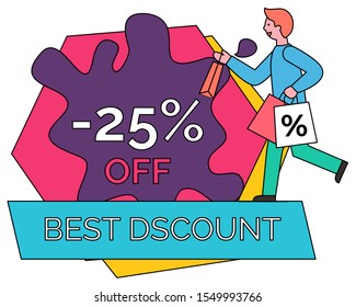 Best discounts and offers vector, isolated geometric shapes. Man hurrying holding bag with percentage. Sale and special proposition at market for shoppers. Character happy to get 25 percent off
