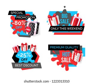 Best discounts only this weekends 25 percent banners set vector. Gifts and presents with ribbons Offers and deal, clearance promotion of store shop