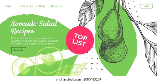 Best dishes and salads with avocado, online recipe book or site with tips for cooking and preparing meal. Blog with text and monochrome sketch. Website or landing page template, vector in flat style