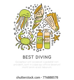 Best diving hand draw icon concept. Diving equipment and sealife in one round form, diving and water adventure icons, sketch cartooning style