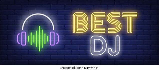 Best DJ neon text with headphones and sound wave. Music, party and disco design. Night bright neon sign, colorful billboard, light banner. Vector illustration in neon style.