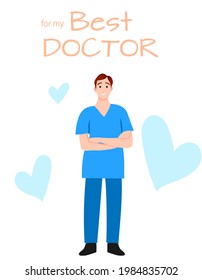 For best doctor card thanks medicine banner in flat style isolated on white vector man character medical worker 