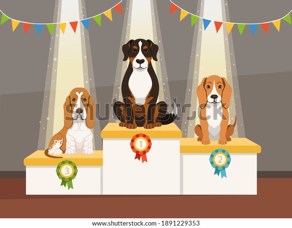 Best dog. Domestic\
pets exhibition podiums with prizes first second and third places\
vector cartoon concept