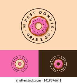 The Best Donuts logo. Bakery and donuts cafe emblem. Donut with pink icing and small candies. Identity.